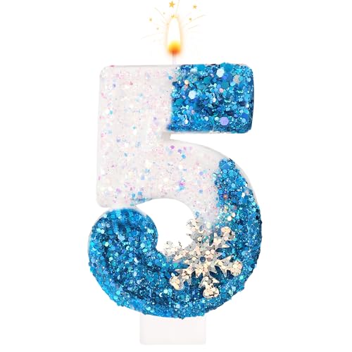 Geburtstagskerzen 0-9, Schneeflocke Pailletten zahlenkerze, Weiß und Blau Kuchenkerzen für Kinder, Erwachsene, Geburtstag, Hochzeit, Jubiläum, Partyzubehör (5) von BOXOB