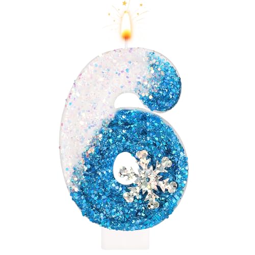 Geburtstagskerzen 0-9, Schneeflocke Pailletten zahlenkerze, Weiß und Blau Kuchenkerzen für Kinder, Erwachsene, Geburtstag, Hochzeit, Jubiläum, Partyzubehör (6) von BOXOB