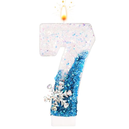 Geburtstagskerzen 0-9, Schneeflocke Pailletten zahlenkerze, Weiß und Blau Kuchenkerzen für Kinder, Erwachsene, Geburtstag, Hochzeit, Jubiläum, Partyzubehör (7) von BOXOB