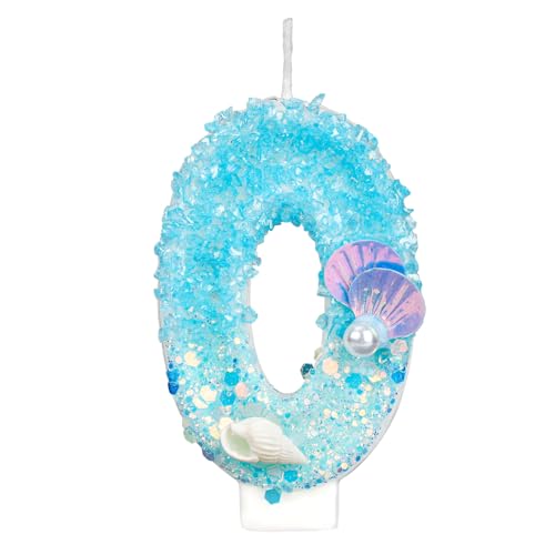 Geburtstagskerzen Zahlen, Blau und Weiß Glitzer Pailletten Perle Muschel Geburtstagskerze Zahlen Kuchenaufsatz für Ozean Strand Motto Partyzubehör (0) von BOXOB