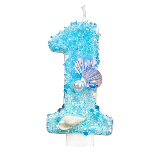 Geburtstagskerzen Zahlen, Blau und Weiß Glitzer Pailletten Perle Muschel Geburtstagskerze Zahlen Kuchenaufsatz für Ozean Strand Motto Partyzubehör (1) von BOXOB