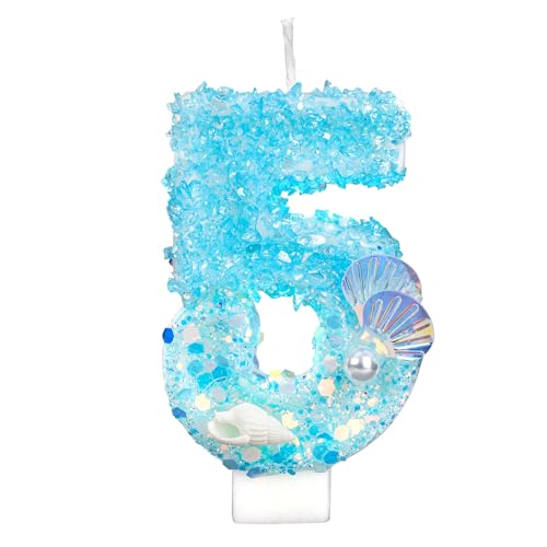 Geburtstagskerzen Zahlen, Blau und Weiß Glitzer Pailletten Perle Muschel Geburtstagskerze Zahlen Kuchenaufsatz für Ozean Strand Motto Partyzubehör (5) von BOXOB