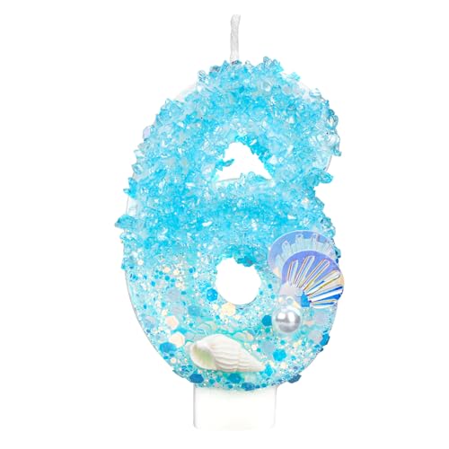 Geburtstagskerzen Zahlen, Blau und Weiß Glitzer Pailletten Perle Muschel Geburtstagskerze Zahlen Kuchenaufsatz für Ozean Strand Motto Partyzubehör (6) von BOXOB
