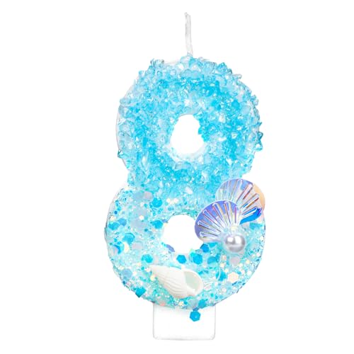 Geburtstagskerzen Zahlen, Blau und Weiß Glitzer Pailletten Perle Muschel Geburtstagskerze Zahlen Kuchenaufsatz für Ozean Strand Motto Partyzubehör (8) von BOXOB