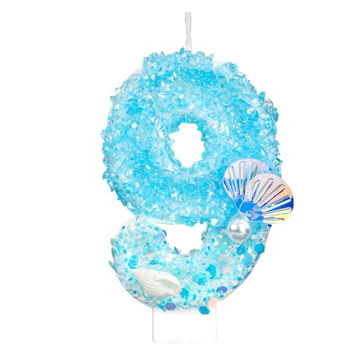 Geburtstagskerzen Zahlen, Blau und Weiß Glitzer Pailletten Perle Muschel Geburtstagskerze Zahlen Kuchenaufsatz für Ozean Strand Motto Partyzubehör (9) von BOXOB