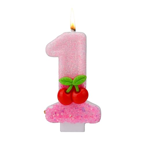 Kirsche Zahlen Kerzen, Kirsche Obendrauf Geburtstagskerzen für Kuchen mit Pailletten Rosa Cupcake Aufsätze Dekorationen für Frauen Mädchen Jubiläumsfeiern Geburtstagsparty Zubehör (Zahl 1) von BOXOB