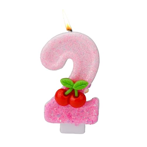 Kirsche Zahlen Kerzen, Kirsche Obendrauf Geburtstagskerzen für Kuchen mit Pailletten Rosa Cupcake Aufsätze Dekorationen für Frauen Mädchen Jubiläumsfeiern Geburtstagsparty Zubehör (Zahl 2) von BOXOB