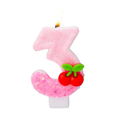 Kirsche Zahlen Kerzen, Kirsche Obendrauf Geburtstagskerzen für Kuchen mit Pailletten Rosa Cupcake Aufsätze Dekorationen für Frauen Mädchen Jubiläumsfeiern Geburtstagsparty Zubehör (Zahl 3) von BOXOB