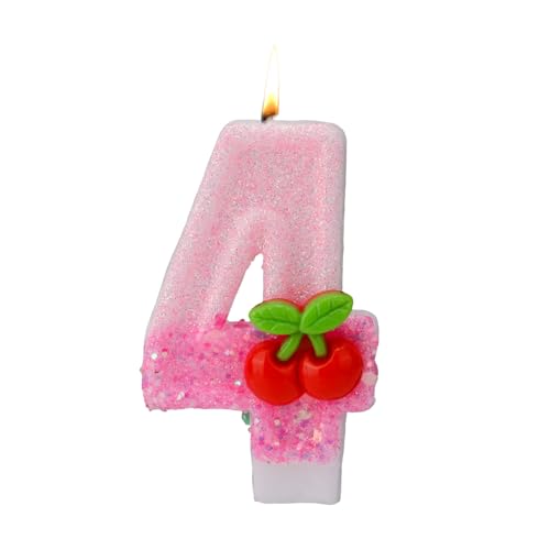 Kirsche Zahlen Kerzen, Kirsche Obendrauf Geburtstagskerzen für Kuchen mit Pailletten Rosa Cupcake Aufsätze Dekorationen für Frauen Mädchen Jubiläumsfeiern Geburtstagsparty Zubehör (Zahl 4) von BOXOB