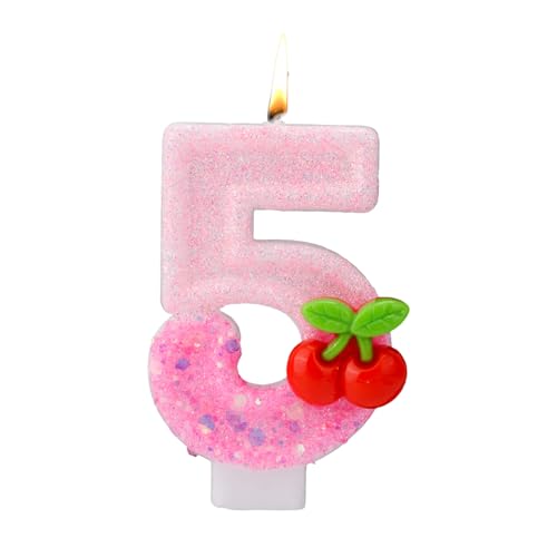Kirsche Zahlen Kerzen, Kirsche Obendrauf Geburtstagskerzen für Kuchen mit Pailletten Rosa Cupcake Aufsätze Dekorationen für Frauen Mädchen Jubiläumsfeiern Geburtstagsparty Zubehör (Zahl 5) von BOXOB