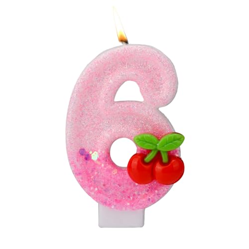 Kirsche Zahlen Kerzen, Kirsche Obendrauf Geburtstagskerzen für Kuchen mit Pailletten Rosa Cupcake Aufsätze Dekorationen für Frauen Mädchen Jubiläumsfeiern Geburtstagsparty Zubehör (Zahl 6) von BOXOB
