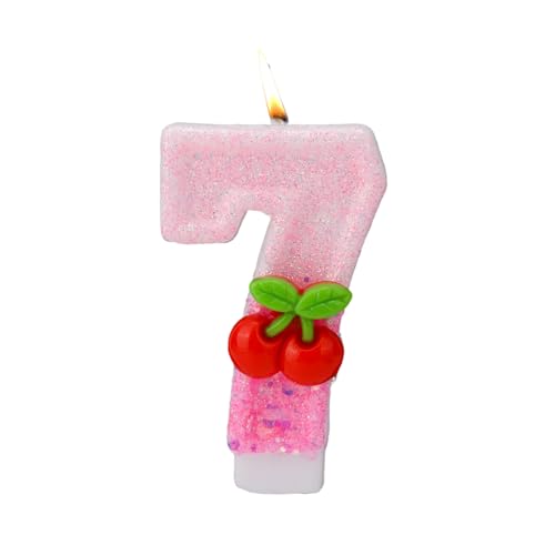 Kirsche Zahlen Kerzen, Kirsche Obendrauf Geburtstagskerzen für Kuchen mit Pailletten Rosa Cupcake Aufsätze Dekorationen für Frauen Mädchen Jubiläumsfeiern Geburtstagsparty Zubehör (Zahl 7) von BOXOB