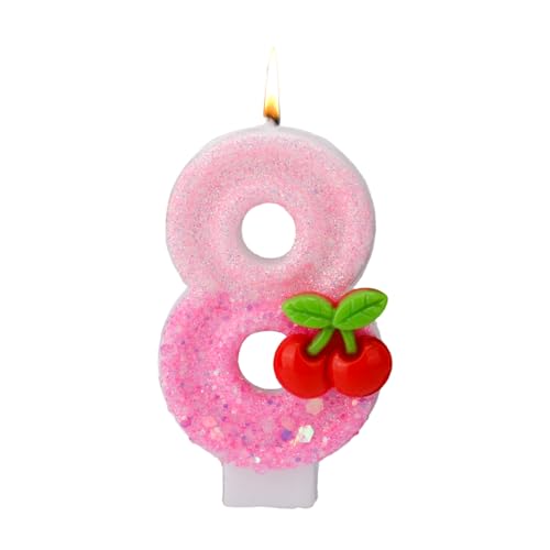 Kirsche Zahlen Kerzen, Kirsche Obendrauf Geburtstagskerzen für Kuchen mit Pailletten Rosa Cupcake Aufsätze Dekorationen für Frauen Mädchen Jubiläumsfeiern Geburtstagsparty Zubehör (Zahl 8) von BOXOB