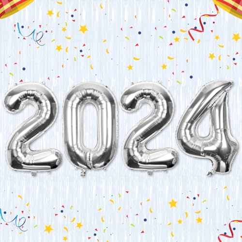 Luftballons 2024, 101,6cm Große Folie Neujahrsballons 2024 Partyzubehör Frohes Neues Jahr Dekorationen für 2024 Silvesterparty Geburtstag Abschlussdekoration (Silber) von BOXOB