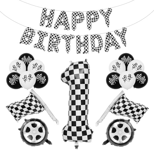 Rennauto Geburtstag Ballon Set, 102cm Schwarz und Weiß Aluminiumfolie Kariert Zahlenballon Dekoration Geburtstag Rennauto für Jungen Mädchen Partyzubehör zum Thema Rennsport (Nummer 1) von BOXOB