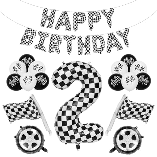 Rennauto Geburtstag Ballon Set, 102cm Schwarz und Weiß Aluminiumfolie Kariert Zahlenballon Dekoration Geburtstag Rennauto für Jungen Mädchen Partyzubehör zum Thema Rennsport (Nummer 2) von BOXOB