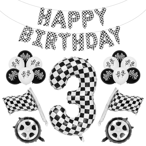 Rennauto Geburtstag Ballon Set, 102cm Schwarz und Weiß Aluminiumfolie Kariert Zahlenballon Dekoration Geburtstag Rennauto für Jungen Mädchen Partyzubehör zum Thema Rennsport (Nummer 3) von BOXOB