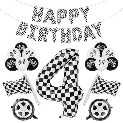 Rennauto Geburtstag Ballon Set, 102cm Schwarz und Weiß Aluminiumfolie Kariert Zahlenballon Dekoration Geburtstag Rennauto für Jungen Mädchen Partyzubehör zum Thema Rennsport (Nummer 4) von BOXOB