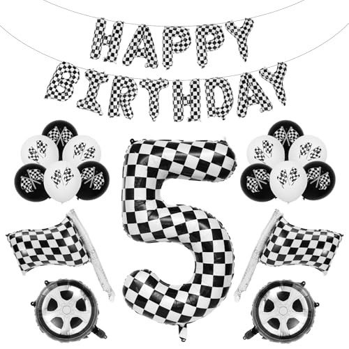 Rennauto Geburtstag Ballon Set, 102cm Schwarz und Weiß Aluminiumfolie Kariert Zahlenballon Dekoration Geburtstag Rennauto für Jungen Mädchen Partyzubehör zum Thema Rennsport (Nummer 5) von BOXOB