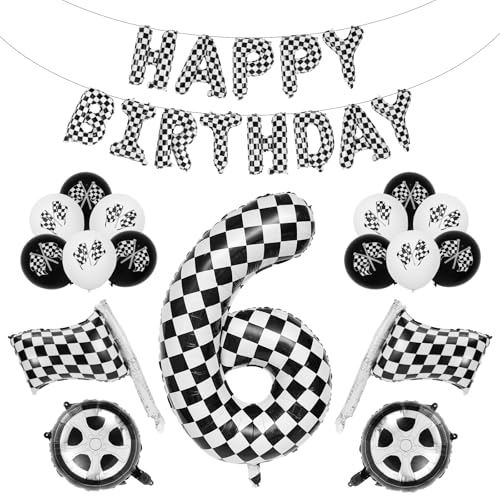 Rennauto Geburtstag Ballon Set, 102cm Schwarz und Weiß Aluminiumfolie Kariert Zahlenballon Dekoration Geburtstag Rennauto für Jungen Mädchen Partyzubehör zum Thema Rennsport (Nummer 6) von BOXOB