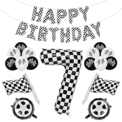 Rennauto Geburtstag Ballon Set, 102cm Schwarz und Weiß Aluminiumfolie Kariert Zahlenballon Dekoration Geburtstag Rennauto für Jungen Mädchen Partyzubehör zum Thema Rennsport (Nummer 7) von BOXOB