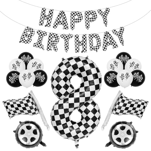 Rennauto Geburtstag Ballon Set, 102cm Schwarz und Weiß Aluminiumfolie Kariert Zahlenballon Dekoration Geburtstag Rennauto für Jungen Mädchen Partyzubehör zum Thema Rennsport (Nummer 8) von BOXOB