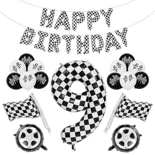 Rennauto Geburtstag Ballon Set, 102cm Schwarz und Weiß Aluminiumfolie Kariert Zahlenballon Dekoration Geburtstag Rennauto für Jungen Mädchen Partyzubehör zum Thema Rennsport (Nummer 9) von BOXOB