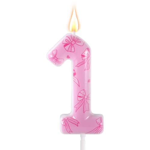 Rosa Schleifen-Geburtstagskerze, Elegante Schleifen-Themen-Nummernkerze Geburtstagskuchen-Topper für Frauen Mädchen Prinzessinnen-Themenpartys Hochzeit Jubiläumsdekoration (Nummer 1) von BOXOB