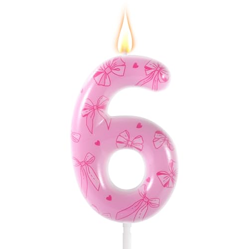 Rosa Schleifen-Geburtstagskerze, Elegante Schleifen-Themen-Nummernkerze Geburtstagskuchen-Topper für Frauen Mädchen Prinzessinnen-Themenpartys Hochzeit Jubiläumsdekoration (Nummer 6) von BOXOB