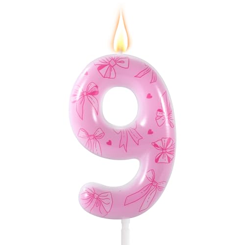 Rosa Schleifen-Geburtstagskerze, Elegante Schleifen-Themen-Nummernkerze Geburtstagskuchen-Topper für Frauen Mädchen Prinzessinnen-Themenpartys Hochzeit Jubiläumsdekoration (Nummer 9) von BOXOB