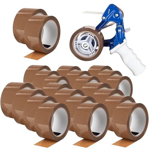 BOXXtape Premium braun 24 Rollen + Profi Handabroller für Klebebänder bis 50 mm Bandbreite | Sicherheitsmesser von [BOXXCO]