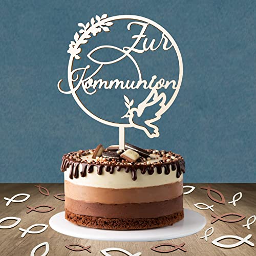 Tortendeko Kommunion, 1 Stück Zur Kommunion Cake Topper Holz & 36 Stück Holz Fische Tischdeko, Erstkommunion deko Junge Mädchen Geschenke, Kommunionsgeschenke für Mädchen Junge von BOYATONG