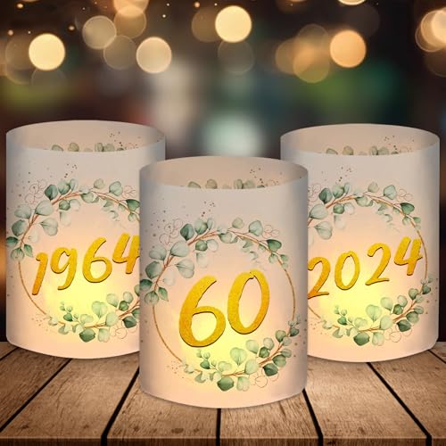 12 Windlicht Tischdeko 60. Geburtstag, Diamantene Hochzeit Deko Tisch, 1964 Geburtstag Mann Frau, 60 Jahre Happy Birthday Eukalyptus Grün, für Teelichter/Kerzen 12 Windlicht Tischdeko 60. Geburtstag, Diamantene Hochzeit Deko Tisch, 1964 Geburtstag Mann Frau, 60 Jahre Happy Birthday Eukalyptus Grün, für Teelichter/Kerzen von BOYATONG