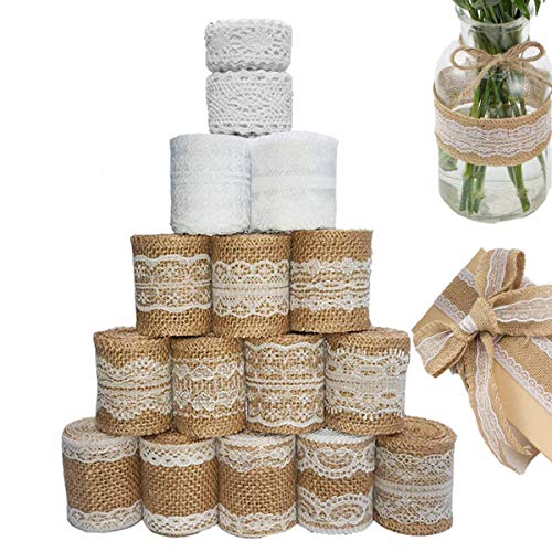 16 Rolle Juteband mit Spitze, 12M Juteband Vintage Spitzenband + 13M Spitzenband weiß, Spitze Selbstklebend, Spitzenbordüre Dekoband für Geschenkverpackung Handwerk Hochzeit DIY Basteln von BOYATONG