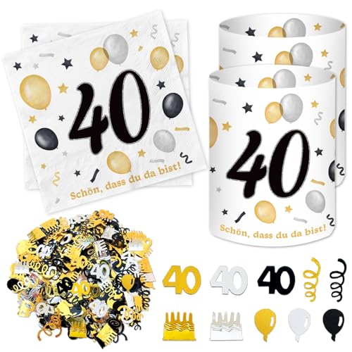 20 Stück Servietten 40 Geburtstag+12 Windlicht Tischdeko 40 + 500 Konfetti, Deko 40. Geburtstag Mann Frau, Tisch Deko 40 Jahre Schwarzes Gold von BOYATONG