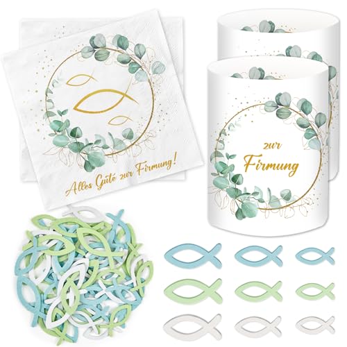 20 Stück Servietten Firmung+ 12 Windlicht Tischdeko+ 60 Holzfische Streudeko, Firmung Deko Junge Mädchen Geschenke, Party Deko Eukalyptus Grün, Gastgeschenke, Tischdekoration Holz Fische 20 Stück Servietten Firmung+ 12 Windlicht Tischdeko+ 60 Holzfische Streudeko, Firmung Deko Junge Mädchen Geschenke, Party Deko Eukalyptus Grün, Gastgeschenke, Tischdekoration Holz Fische von BOYATONG