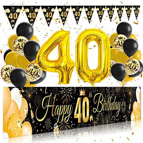 40 Geburtstag Deko Schwarz Gold, 40 Geburtstag Frauen Mann, Extra Lange Banner Wimpel Girlande mit Konfetti Ballon für 40 Jahre Geburtstagsdeko (274 x 37 cm) von BOYATONG