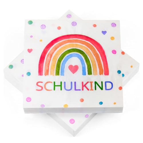 40 Stück Servietten Einschulung Regenbogen, Einschulung Servietten Deko Schulkind 2025 Mädchen Junge, Schulanfang Deko, Regenbogen Party, Tischdeko, 33 x 33 cm von BOYATONG