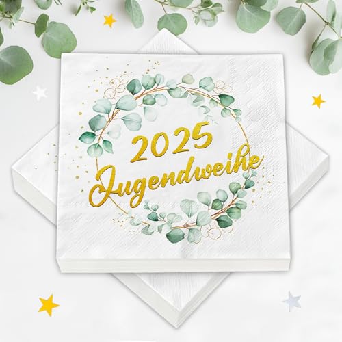 40 Stück Servietten Jugendweihe Deko Mädchen Junge, Eukalyptus 2025 Jugendweihe Servietten Tischdeko, für Jungen Mädchen Erwachsene Party Dekoration（33 x 33 cm） von BOYATONG