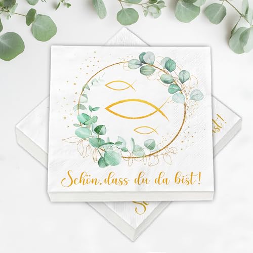 40 Stück Servietten Eukalyptus Grün+ 60 Holzfische Streudeko, Deko Junge Mädchen Kommunion, Taufe, Konfirmation, Firmung, Erstkommunion, Tischdeko Party Geschenke, Gastgeschenke, Holz Fisch Taufdeko von BOYATONG