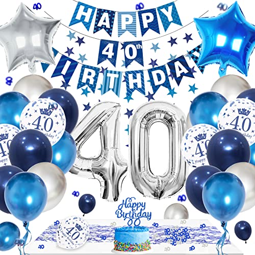 40 Geburtstag Deko, 40 Geburtstag Männer mit Blau Silber Geburtstagsdeko, 40. Geburtstag Blau Retro Spitze Tischdecke, für Männer Frauen Party Deko 40 Geburtstag von BOYATONG