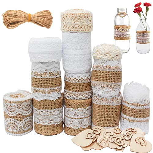 8 M Juteband mit Spitze, 13 M Spitzenband Weiß Vintage, 10M JuteSchnur, 30 Stück Holzscheiben Deko zum Basteln Holzherz Dekoration für Hochzeit Weihnachten Basteln Geschenke Deko von BOYATONG