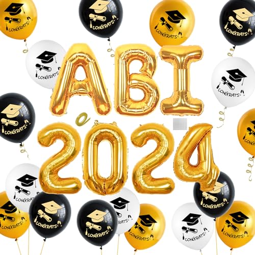 Abitur 2024 Deko, Abschluss Deko Abitur Bachelor Deko, Abschlussfeier Deko 2024, Schwarz Gold abitur Deko mit Congrats Luftballons, Abi 2024 Deko von BOYATONG