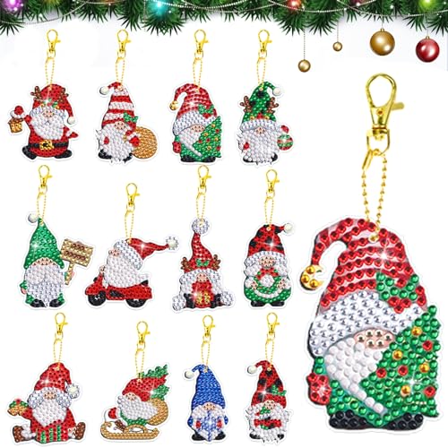 BOYATONG 12 Set 5D Diamond Painting Weihnachten, DIY Malerei Schlüsselbund Weihnachtsmann Diamond Painting Sticker für Kinder, Schlüssel Anhänger Weihnachts Wichtel Set Doppelseitige für Geschenkidee von BOYATONG