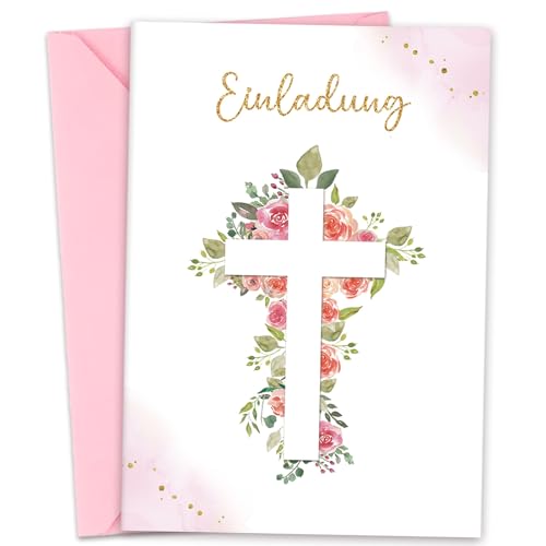 BOYATONG 12 x Einladungskarten mit Umschlag, Elegante Kreuzkarte, Rosa Rosen, Zarte Vergoldete Karten, für Mädchen Taufe Konfirmation Kommunion Firmung von BOYATONG