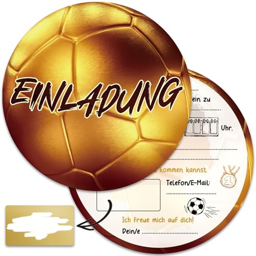 BOYATONG 12x Fußball Einladungskarten Kindergeburtstag mit Rubbelsticker - Kreativem Einladungskarten Kindergeburtstag Junge Mädchen - für Fußballpartys, Geburtstage und Besondere Events (Goldene) von BOYATONG