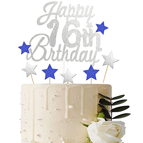 Happy 16th Birthday Tortendeko Silber, Kuchen Deko 16 Geburtstag Junge, 21 Stück Glitzer Torten Deko, Kuchen Topper Geburtstagsdeko für 16 Jahre Jungen und Mädchen von BOYATONG