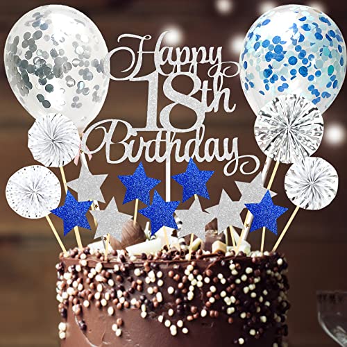 Tortendeko 18 Geburtstag Sliber, Glitzer Happy 18th Birthday Cake Topper,Kuchendeko 18. Geburtstag Junge Mädchen mit Konfetti Luftballon und Papierfächer Topper von BOYATONG
