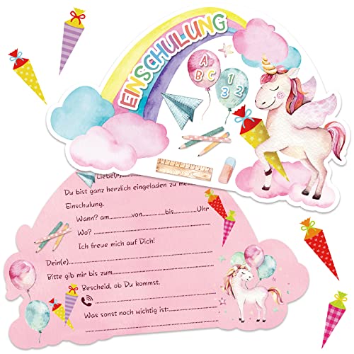 12er Set Einschulung Einladungskarten für Mädchen | Süße Einhorn Regenbogen-Motive | Liebevoll Gestaltet zum Schulbeginn | Ideal für die Einschulungsfeier | Perfekte Art, Freunde & Familie Einzuladen von BOYATONG