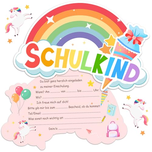 BOYATONG Einladung Einschulung Mädchen, 12 Stück Einladungskarten Einschulung, Schulanfang Deko Regenbogen-Motive Mädchen, Ideal für die Einschulungsfeier Perfekte Art, Freunde & Familie Einzuladen von BOYATONG